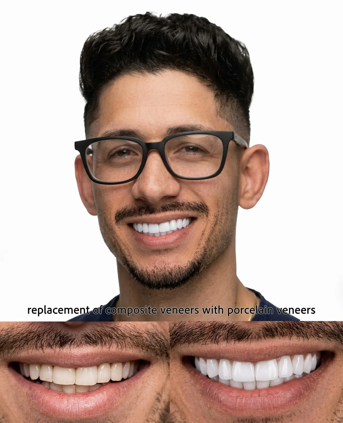 Before and after: composite veneers replaced with porcelain veneers, Xiluet patient, Miami