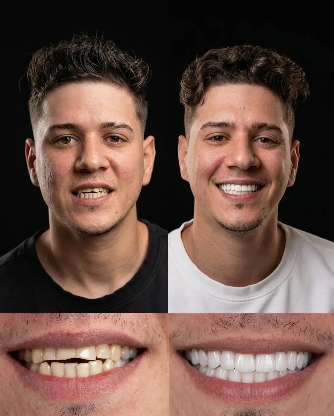 Before and after porcelain veneers repairing a chipped front tooth, Xiluet patient, Miami