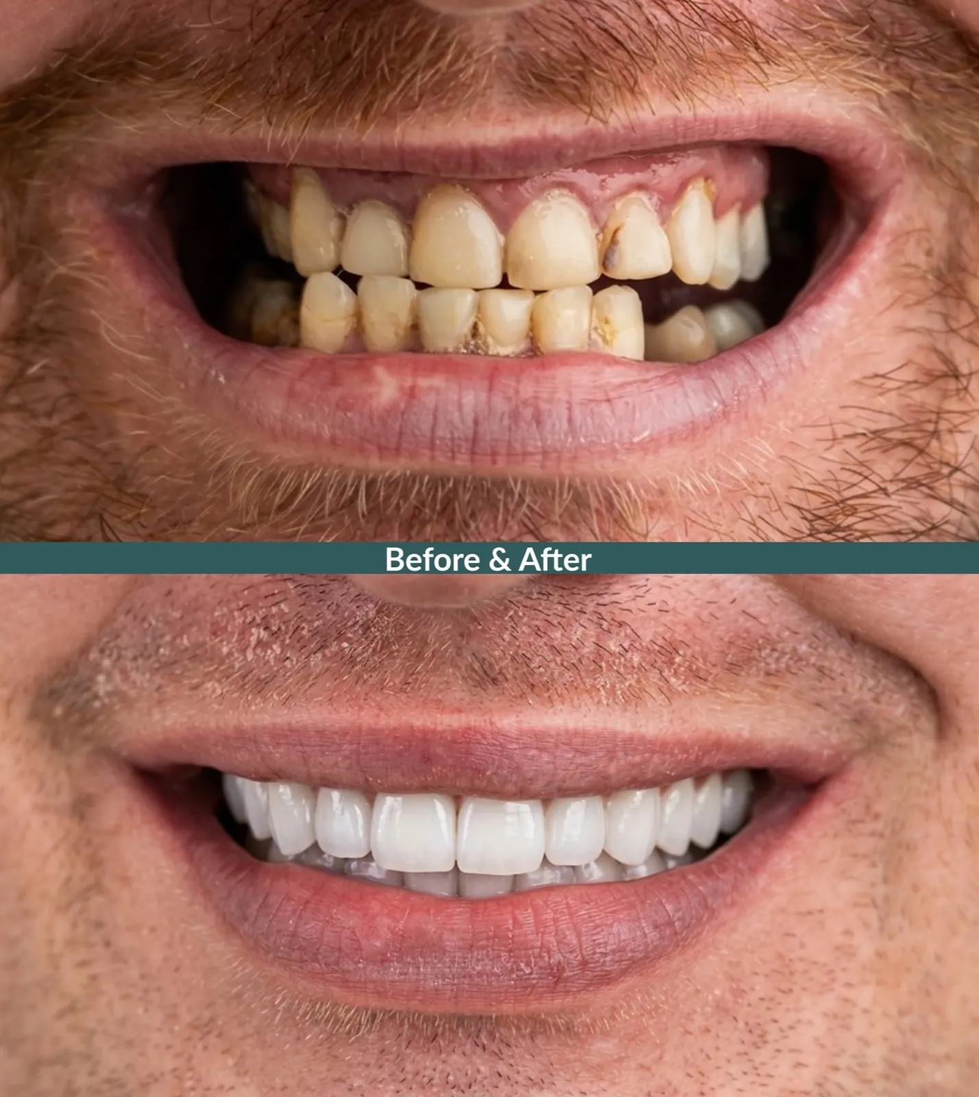 Antes y después de carillas de porcelana que cierran espacios y cubren dientes desgastados, paciente de Xiluet, Miami