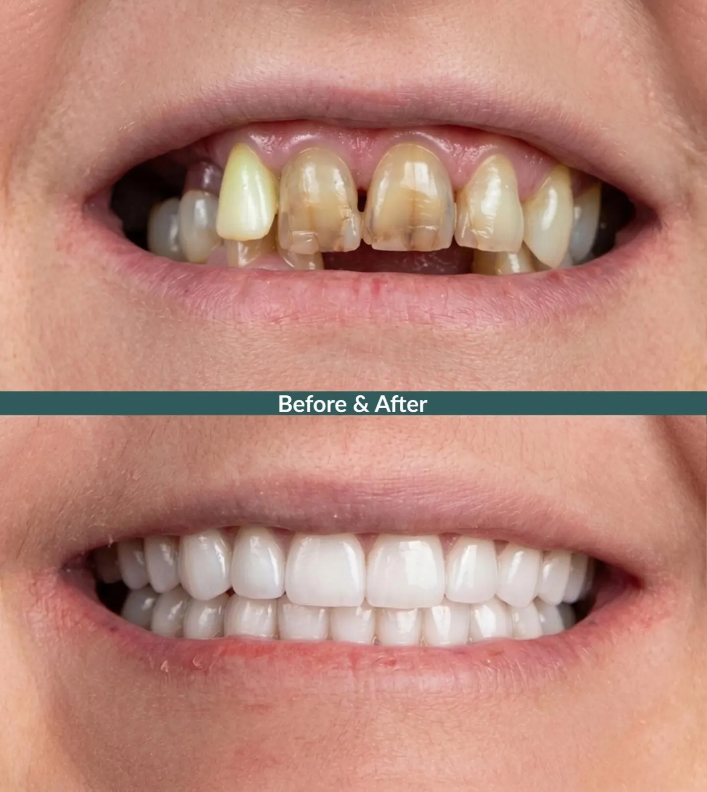 Before and after smile makeover restoring damaged and discolored front teeth, Xiluet patient, Miami