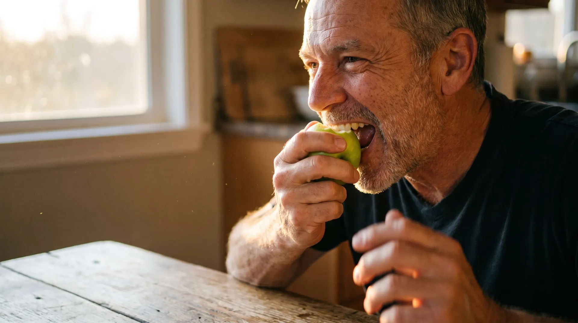Man biting into an apple with a confident smile, years after treatment