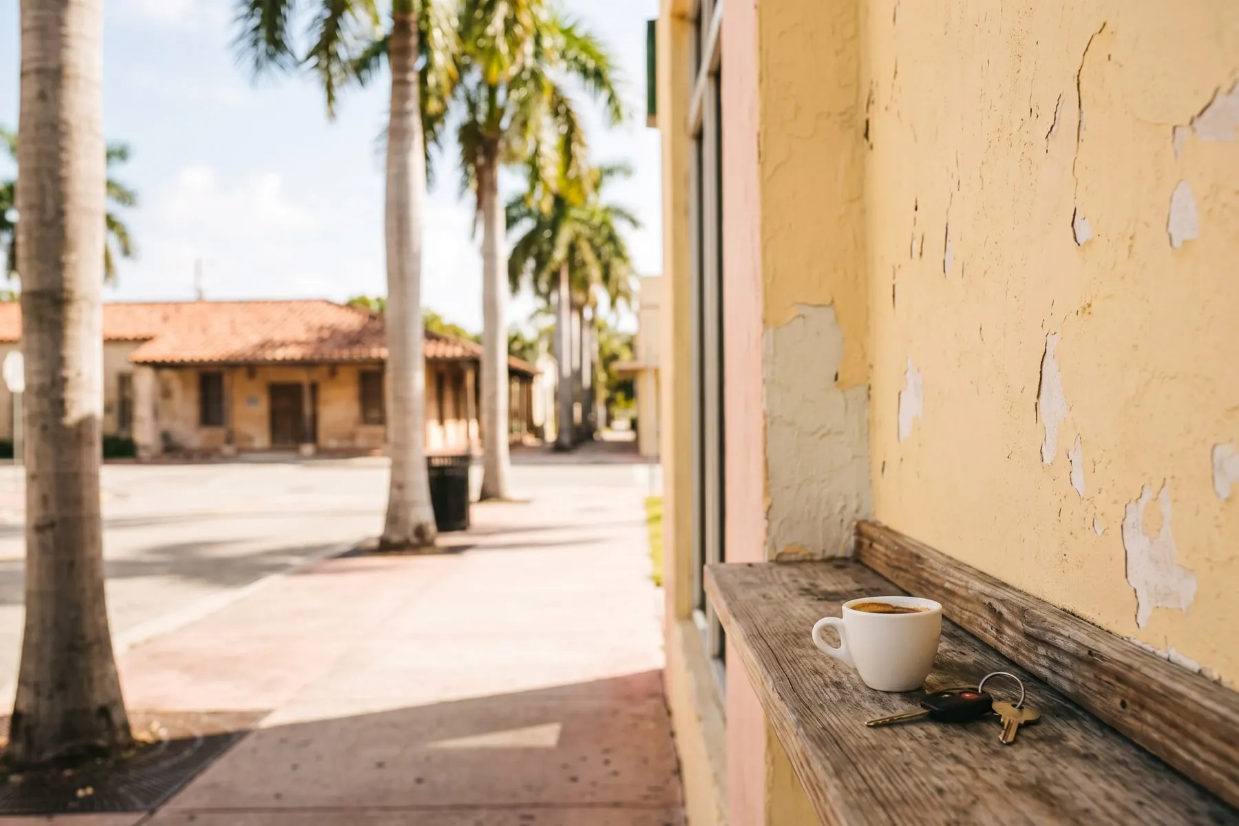Una acera soleada de Miami por la mañana con palmas reales, un edificio de estuco amarillo y una tacita de café cubano sobre el alféizar de una ventana