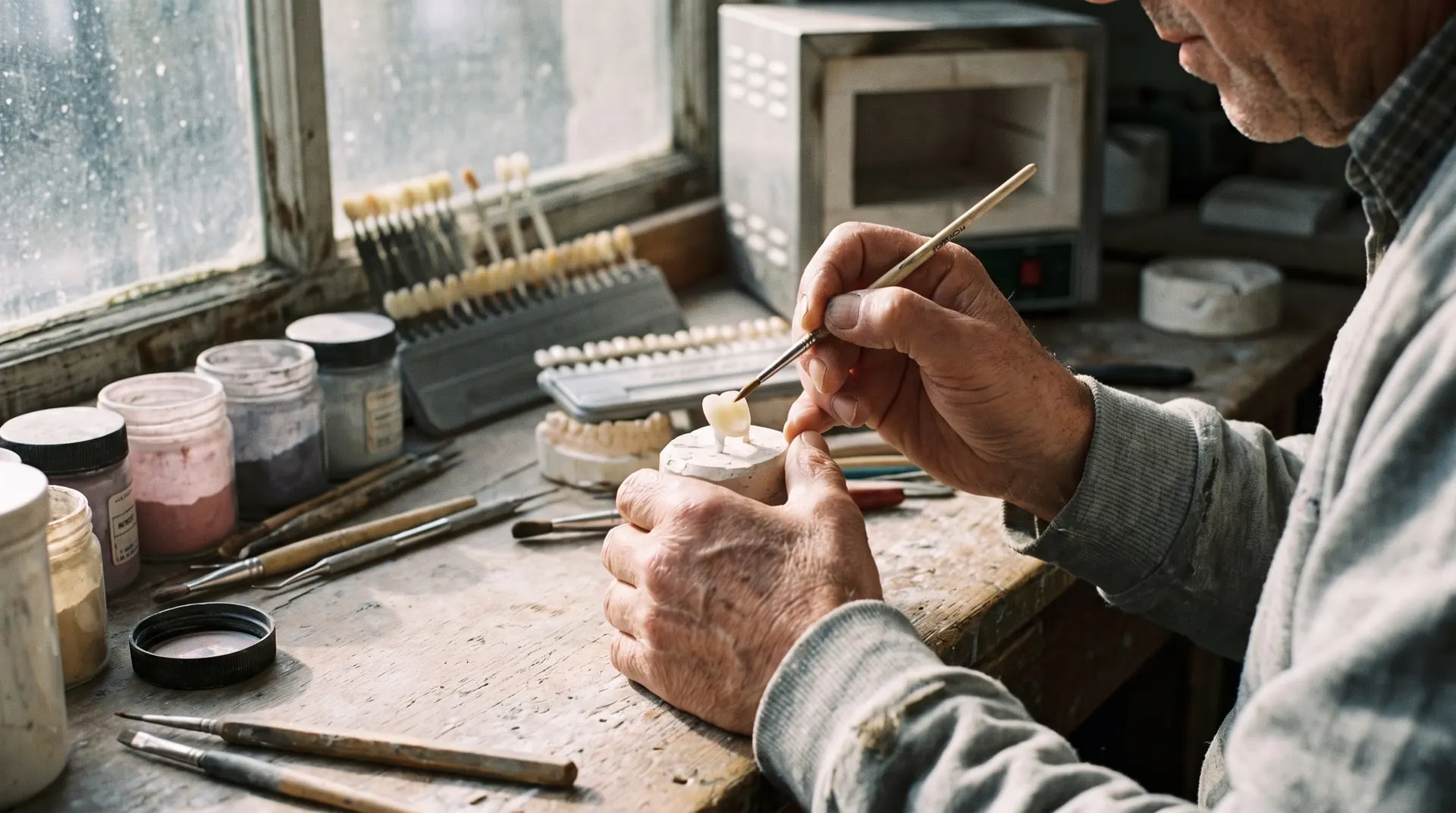Ceramist finishing a single porcelain veneer on a plaster model