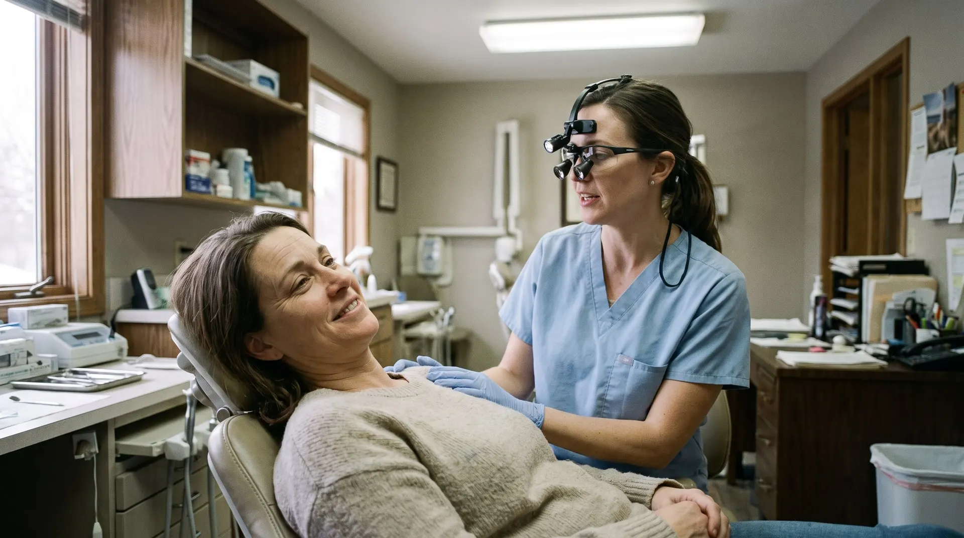Dentist talking a patient through the veneer visit in the treatment chair