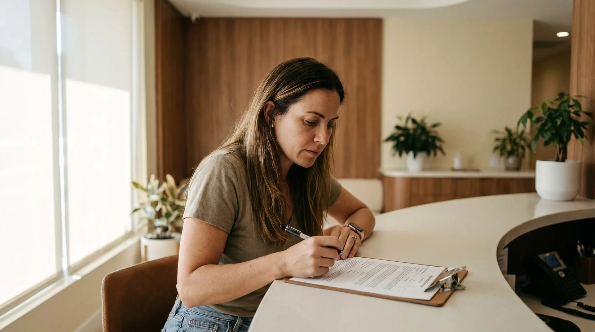 Patient reading a written veneer estimate at the Xiluet Smiles front desk