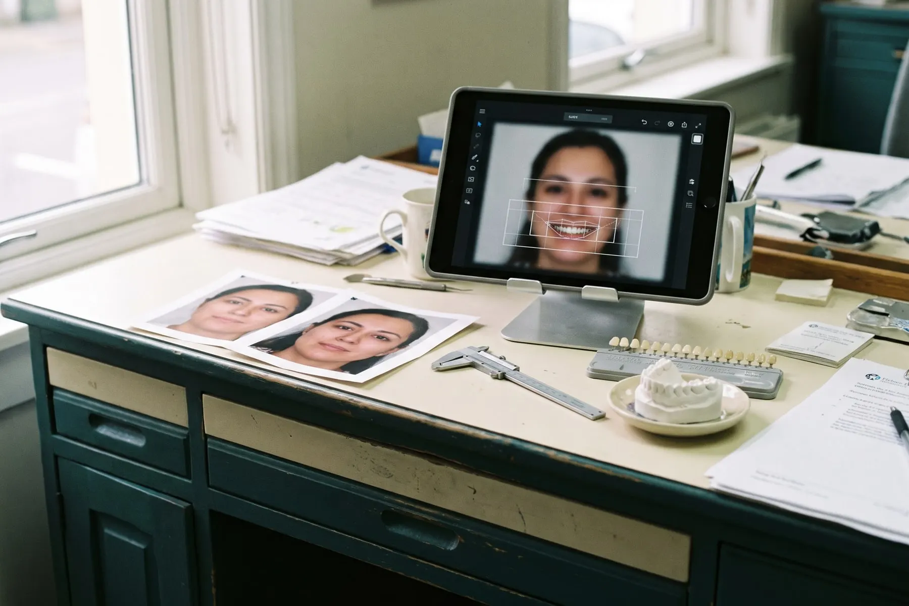Una tablet muestra un diseño de sonrisa con líneas guía sobre la foto de un paciente, junto a fotos impresas, un calibrador y un encerado