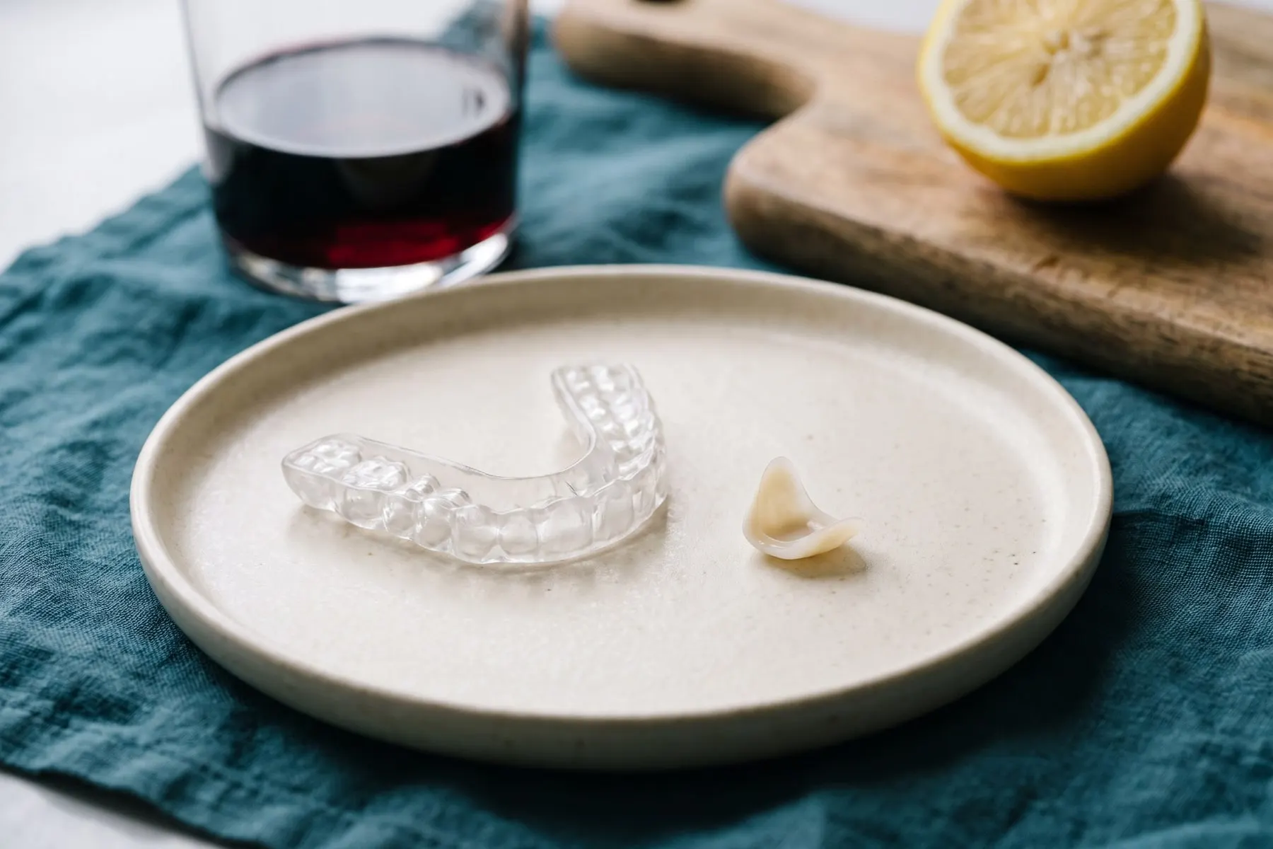 A clear night guard on a cream dish beside a porcelain veneer, with a glass of red wine and a lemon out of focus behind