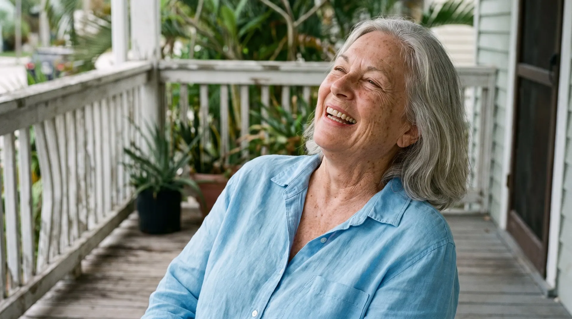 Mujer de casi setenta años riendo con una sonrisa completa y sana