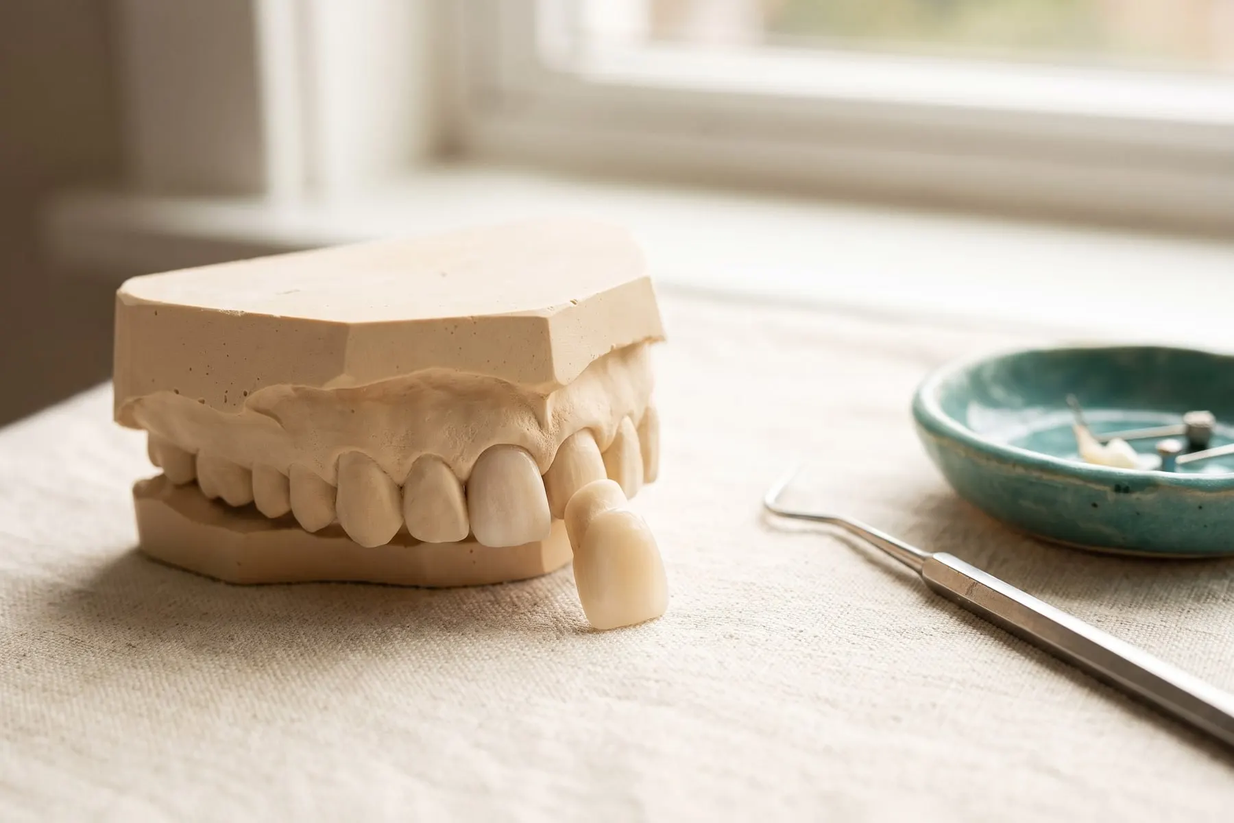 A dental study model with one porcelain veneer lifted away from a front tooth, showing the lightly prepared surface underneath