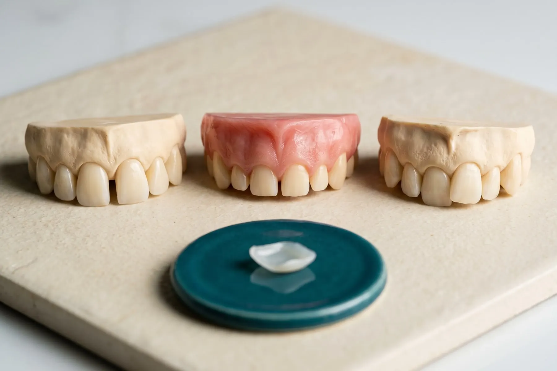 Tres modelos dentales que muestran un espacio entre los dientes frontales, dientes cortos con sonrisa gingival y apiñamiento leve, junto a una carilla de porcelana
