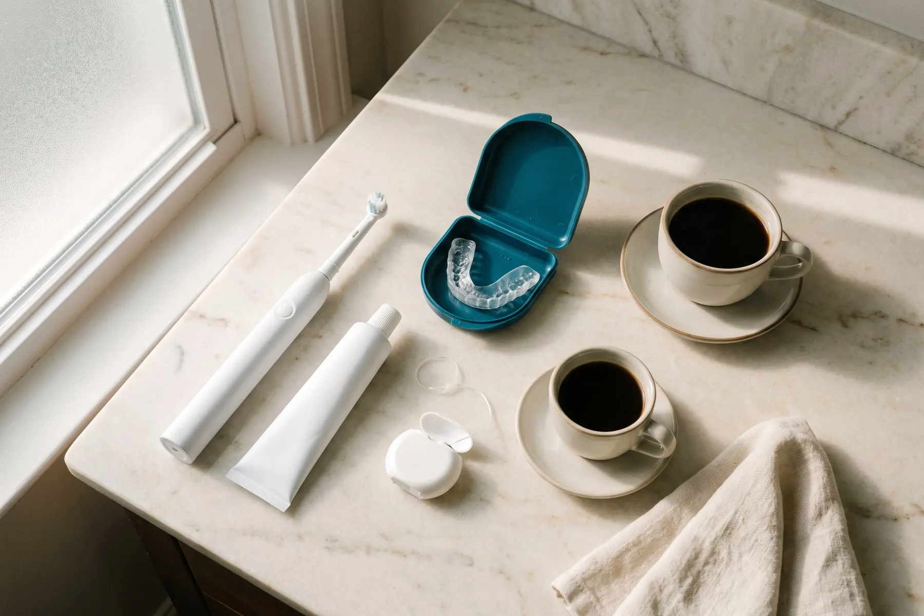 A soft electric toothbrush, unlabelled toothpaste, floss, a clear night guard in a teal case and a cup of coffee on a cream counter