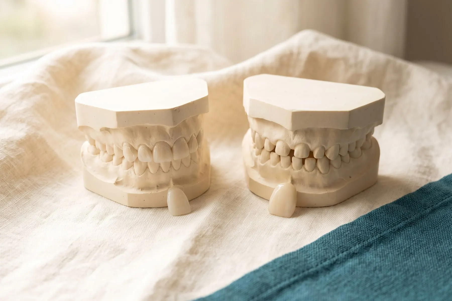Two dental study models side by side: front teeth lightly prepared for veneers on the left, teeth ground to small pegs for crowns on the right