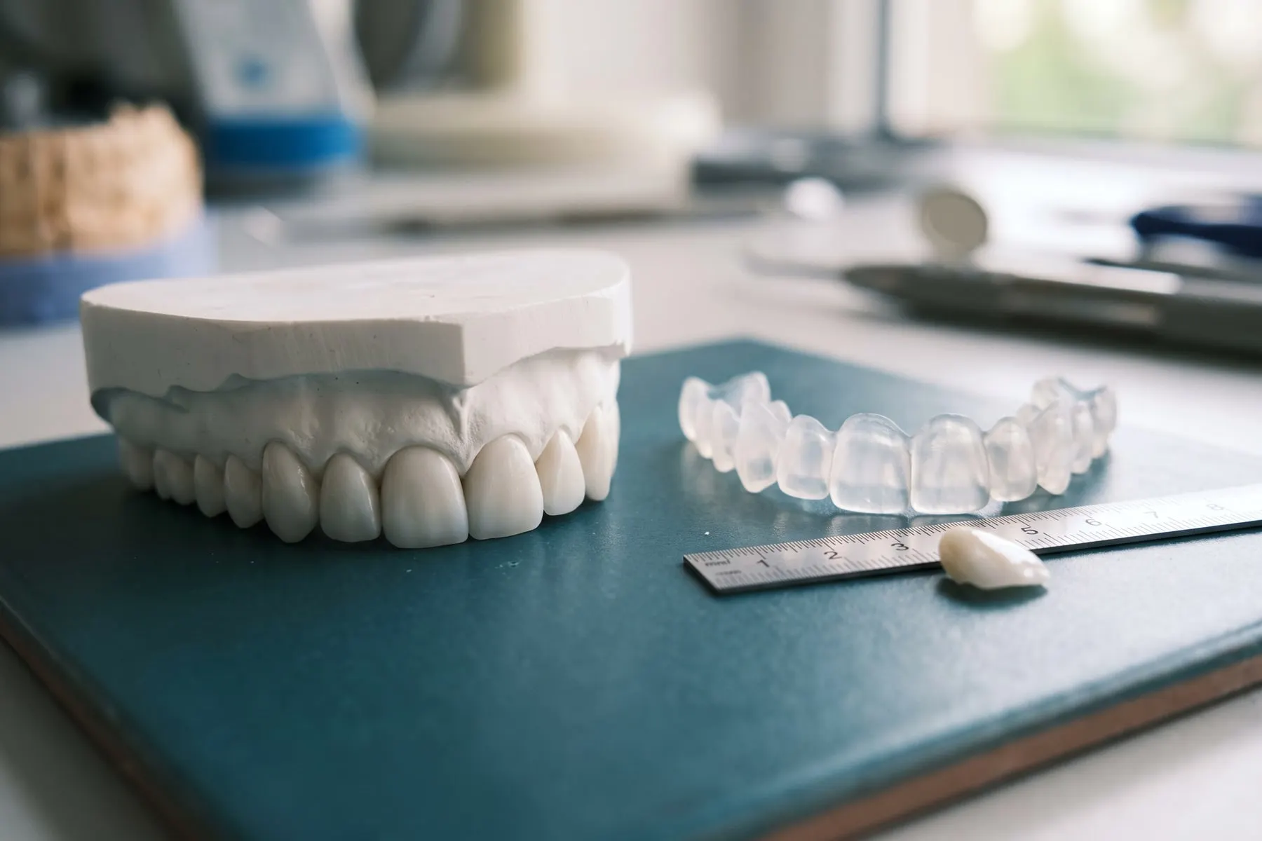 Un encerado blanco de diez dientes superiores junto a una copia transparente de silicona, una regla milimétrica y una carilla de porcelana