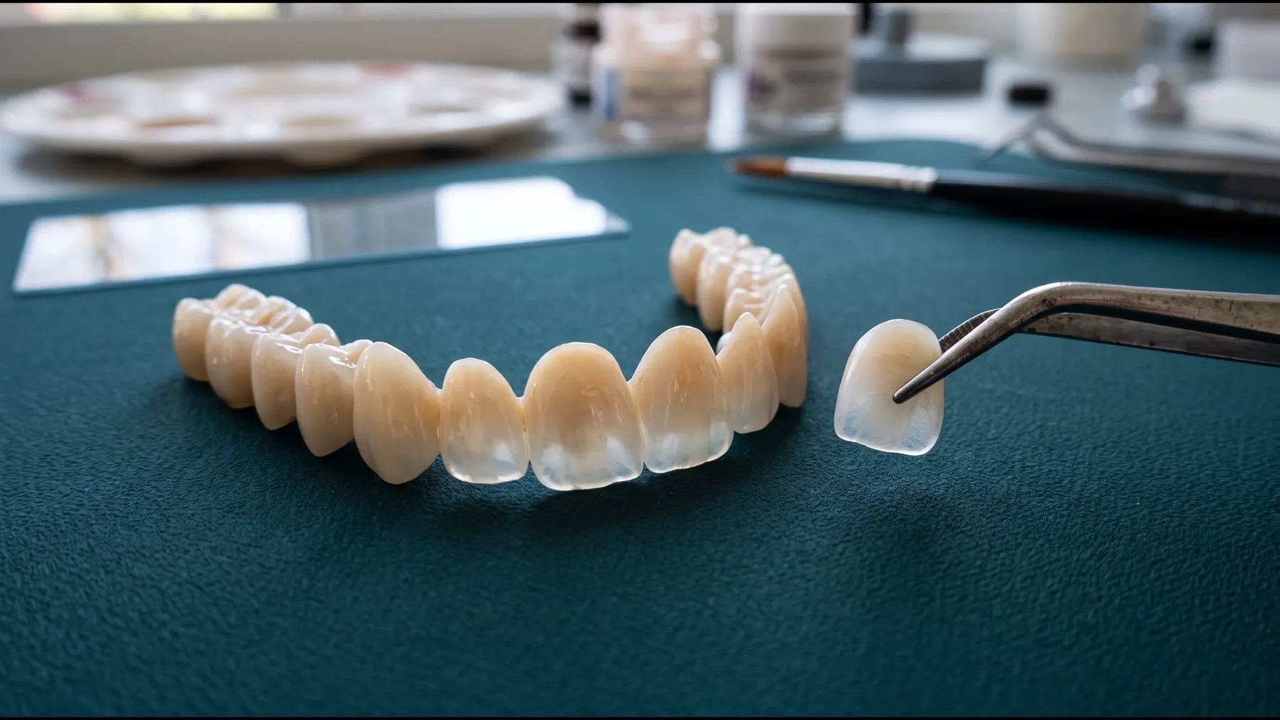 A full arch of hand-finished multilayer zirconia veneers from the in-house lab, one held in tweezers to show its 0.3 mm thickness