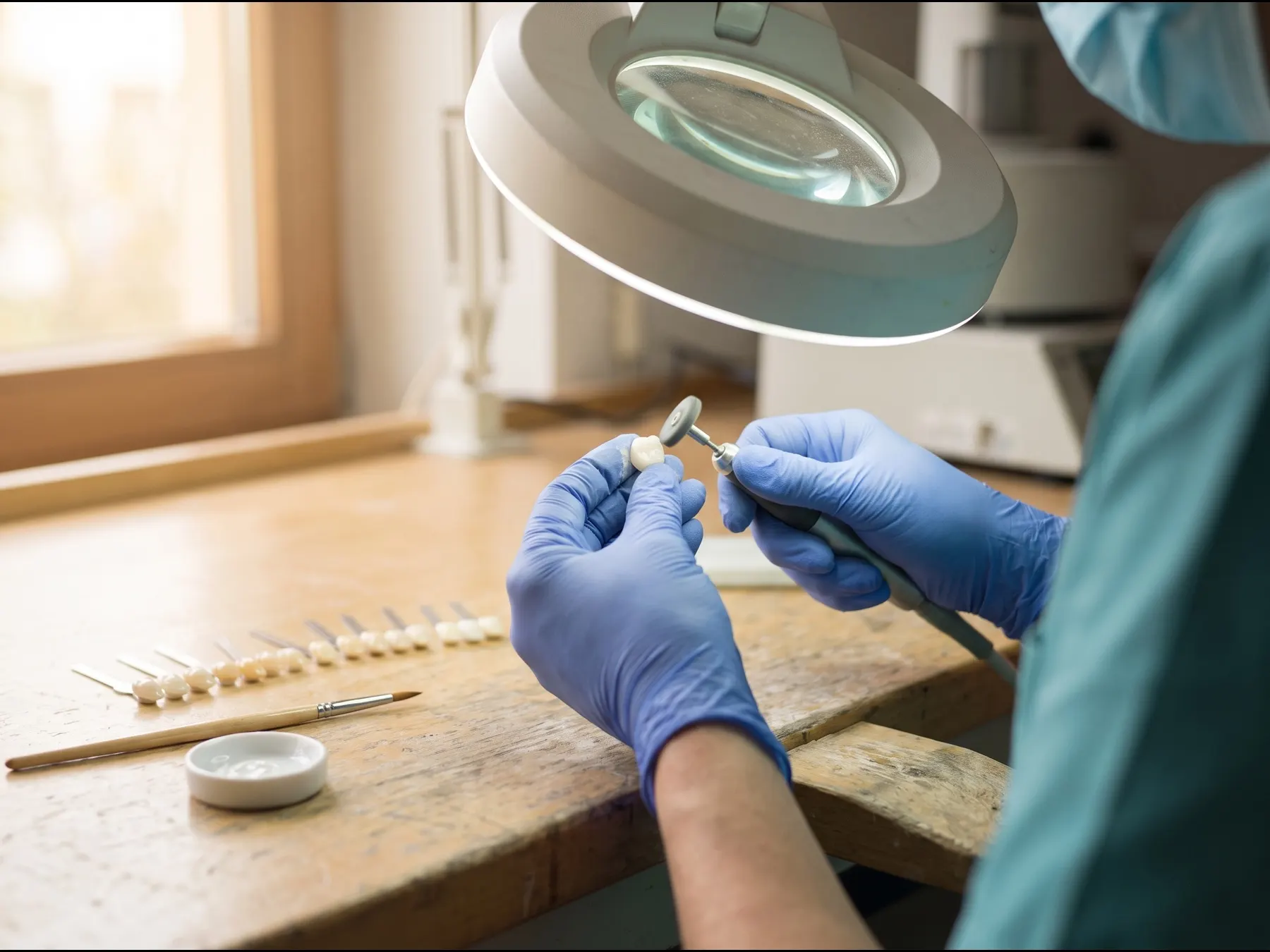 A ceramist's gloved hands refining the edge of a zirconia crown with a fine polishing bur under a bench magnifier