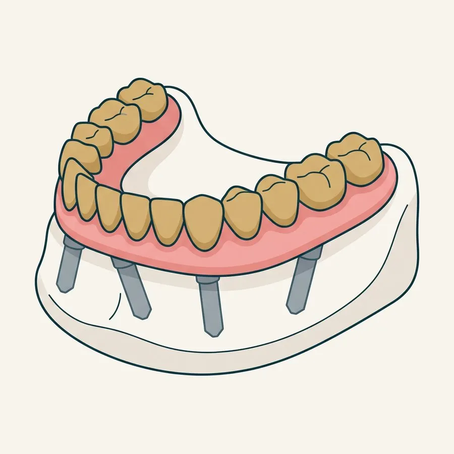 Ilustración de una arcada completa de dientes fijos sobre cuatro implantes